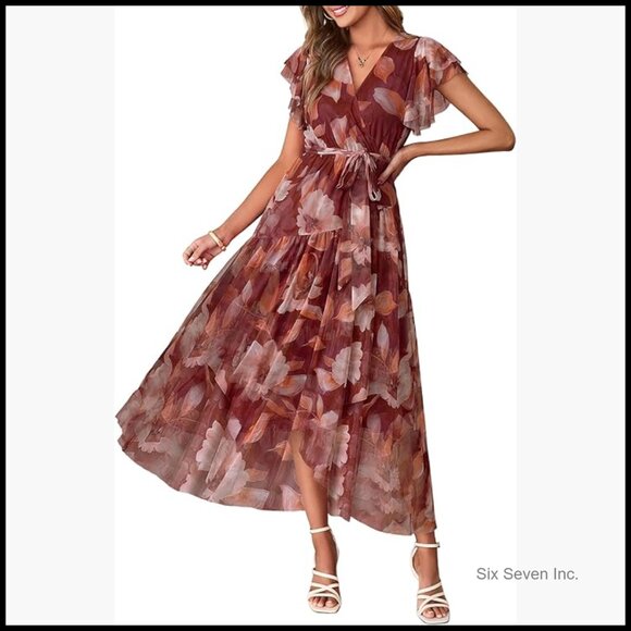 Floral Maxi Dress with V Neck Short Sleeves Belted Mesh Hem Split